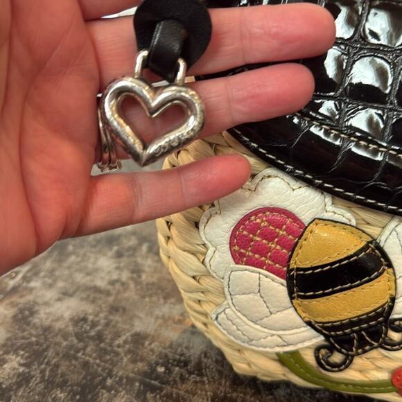 Brighton Black/Tan Leather and Rattan Bee Crossbody 9x7x3" - Picture 4 of 7